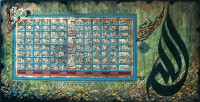 Mussarat Arif, 99 Names of ALLAH, 24 x 47 Inch, Oil on Canvas, Calligraphy Painting, AC-MUS-091